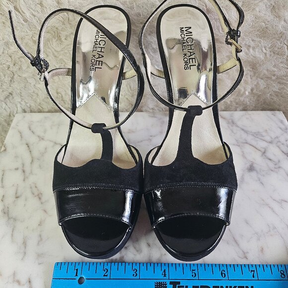 Michael Kors Women's Black Felicia T-Strap Black Platform  High Heel Sandal - Picture 2 of 10